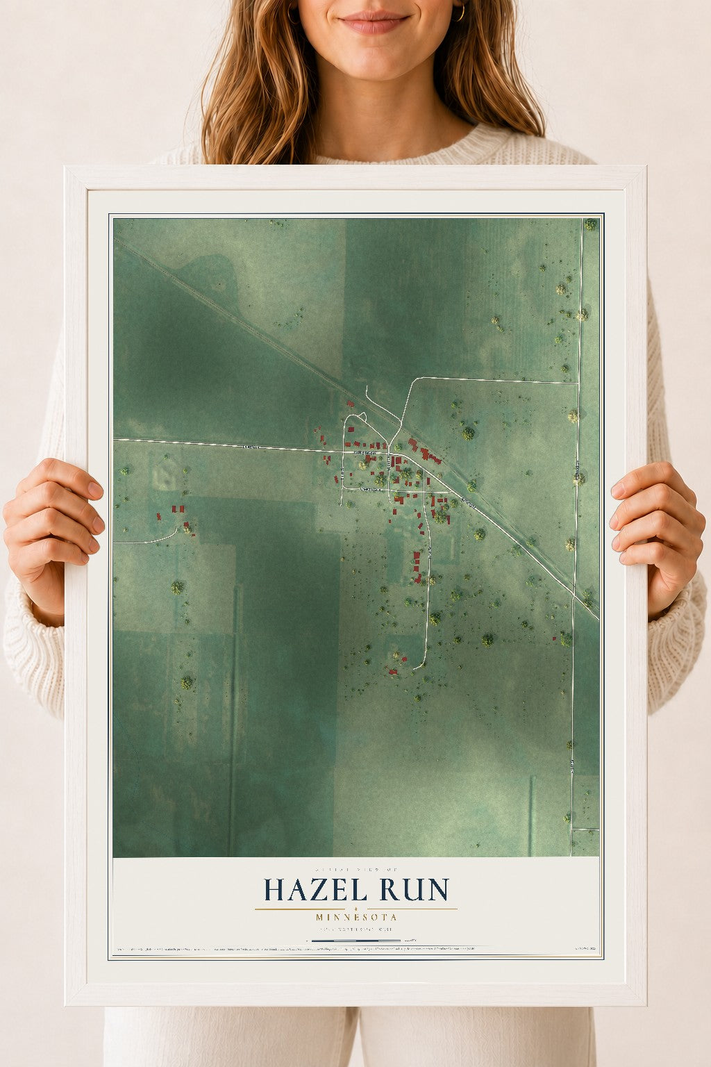 Map of Hazel Run, Minnesota, 18 x 24 inch print in a white wood frame