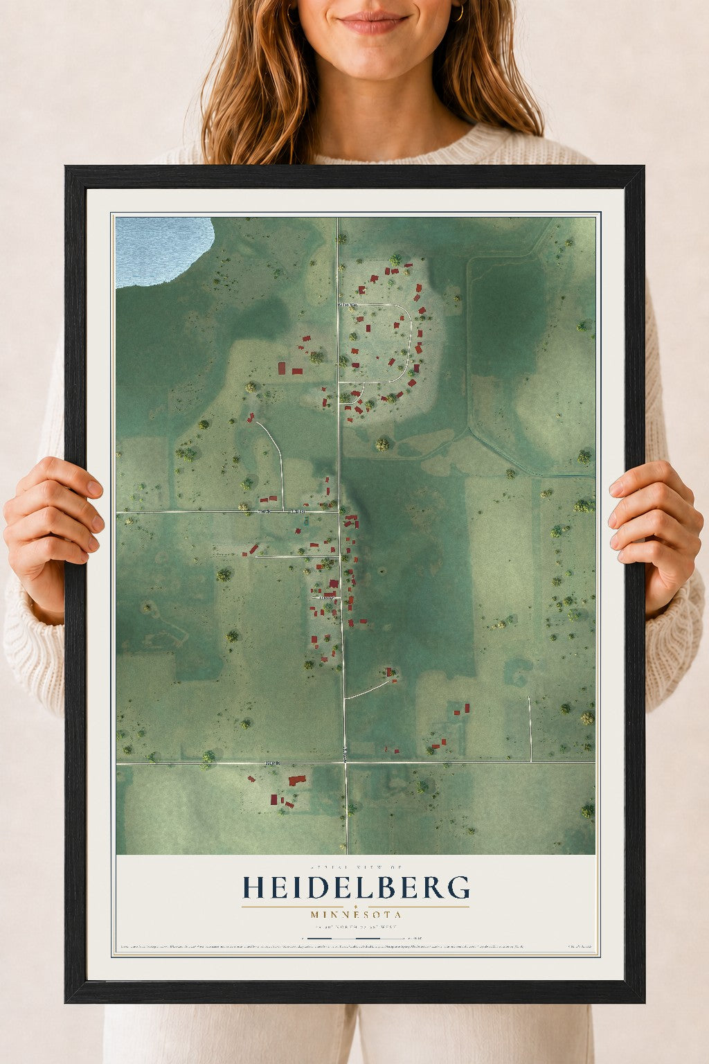 Map of Heidelberg, Minnesota, 18 x 24 inch print in a black wood frame