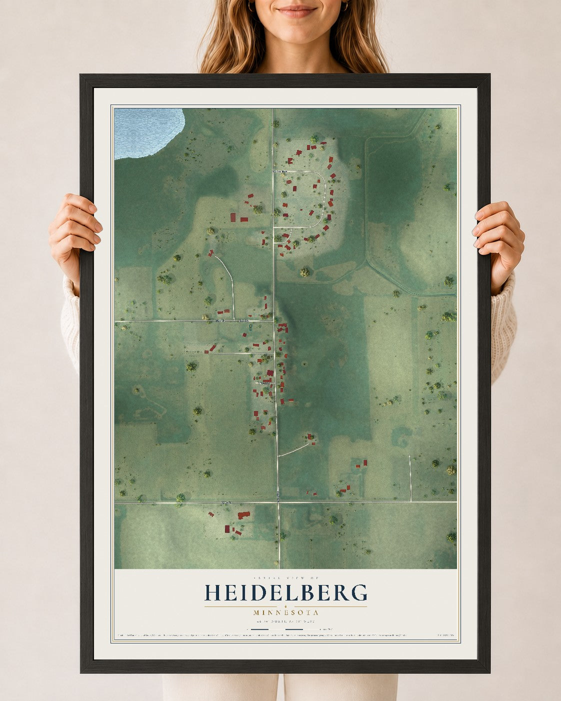 Map of Heidelberg, Minnesota, 24 x 36 inch print in a black wood frame