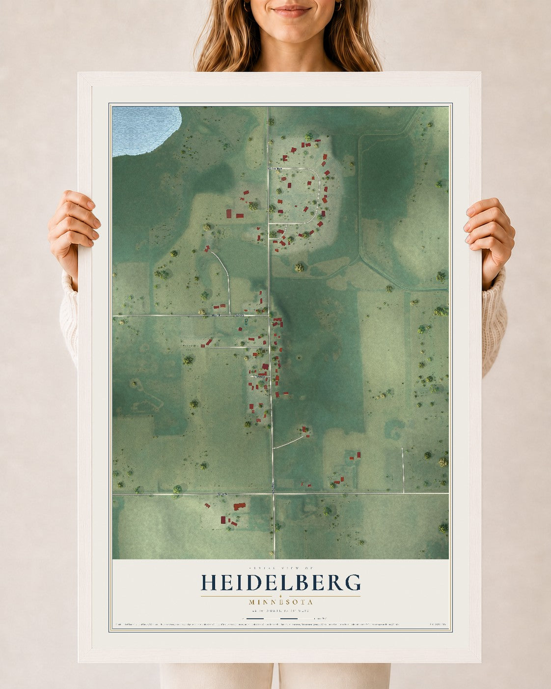 Map of Heidelberg, Minnesota, 24 x 36 inch print in a white wood frame