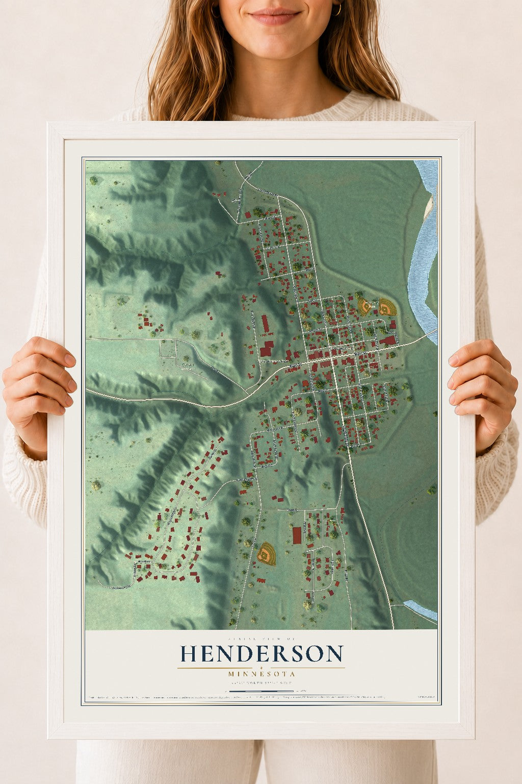 Map of Henderson, Minnesota, 18 x 24 inch print in a white wood frame