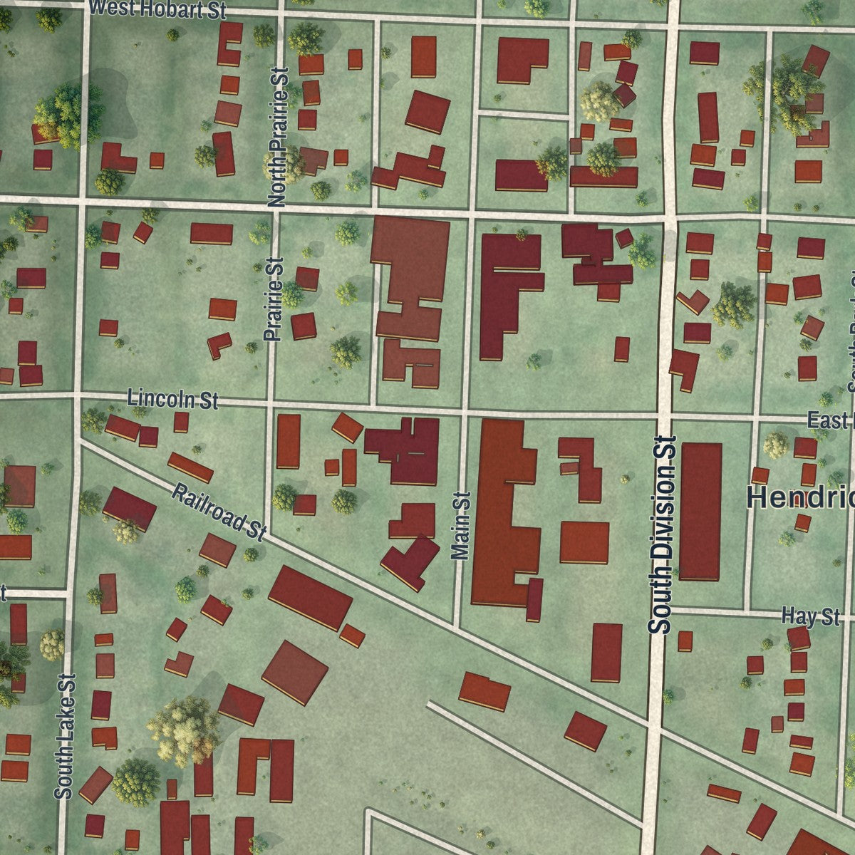Close-up of the map of Hendricks, Minnesota print showing street and building detail