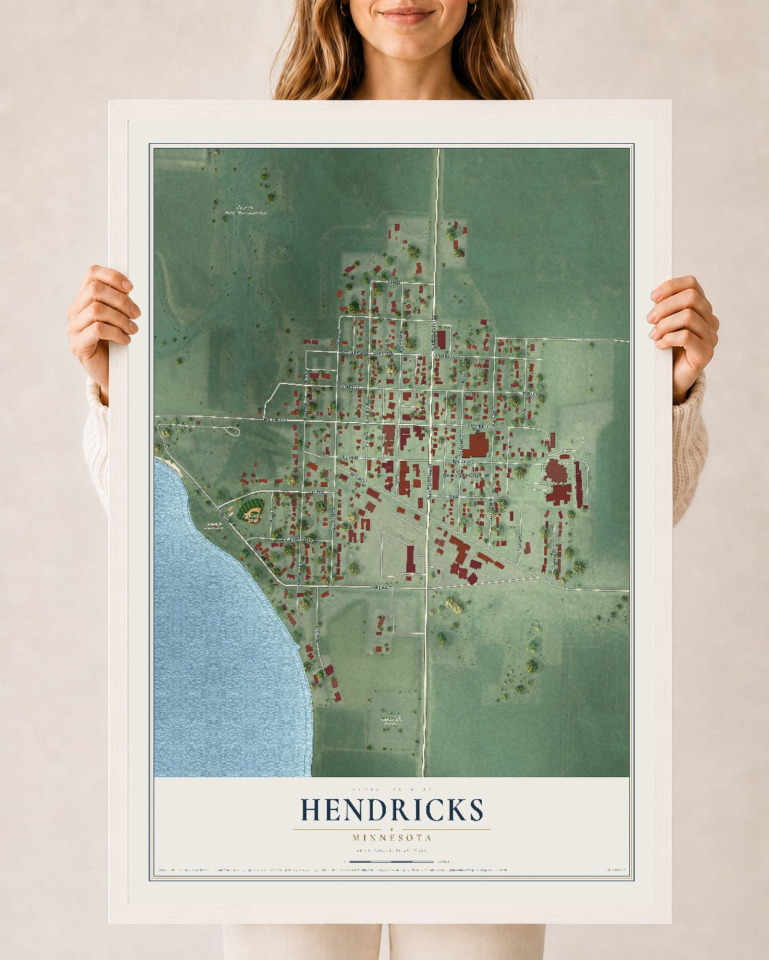 Map of Hendricks, Minnesota, 24 x 36 inch print in a white wood frame