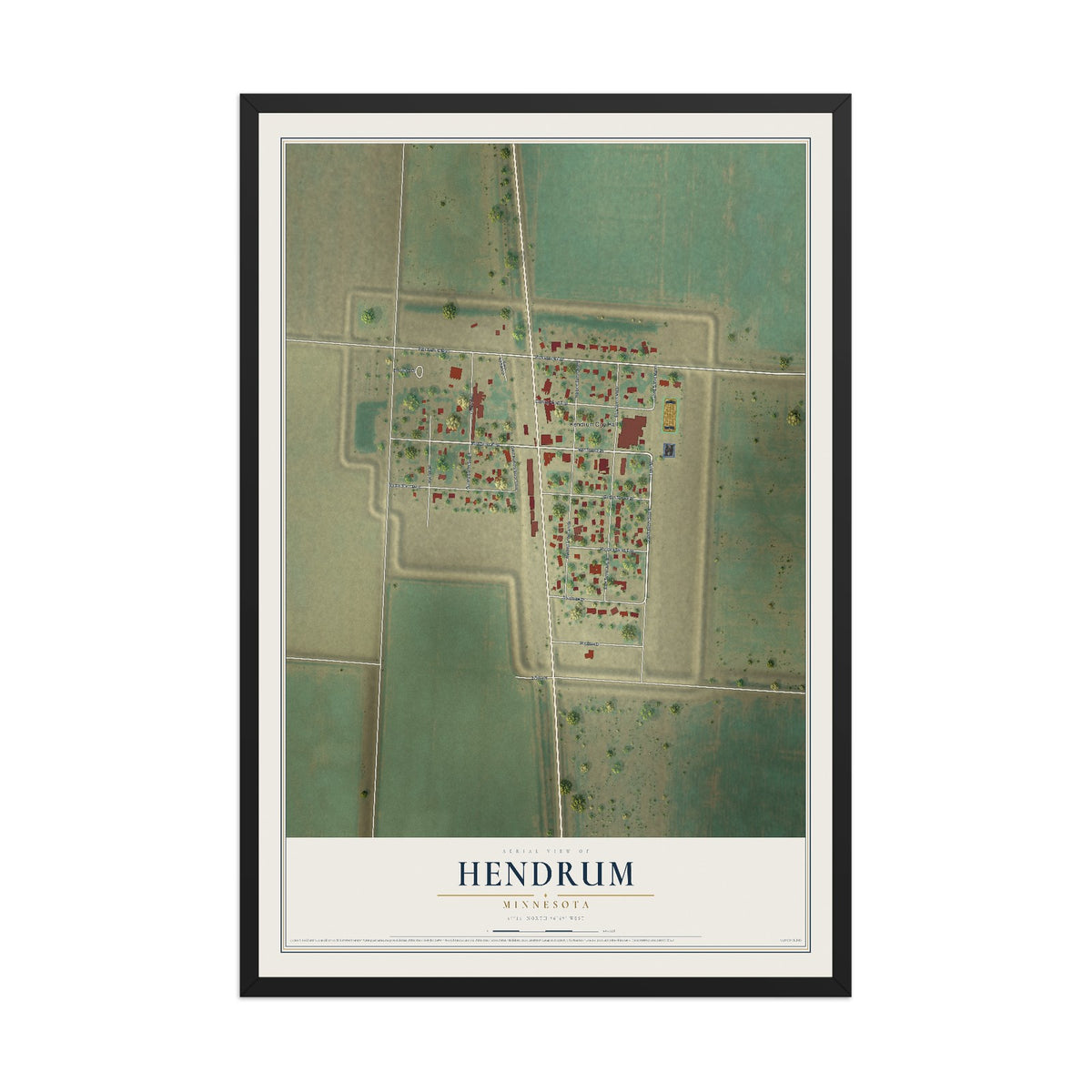 Map of Hendrum, Minnesota, 12 x 18 inch print in a black wood frame