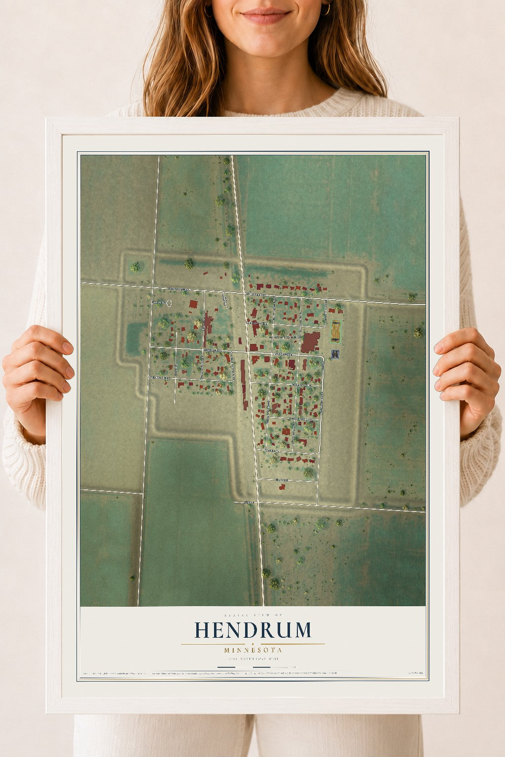 Map of Hendrum, Minnesota, 18 x 24 inch print in a white wood frame