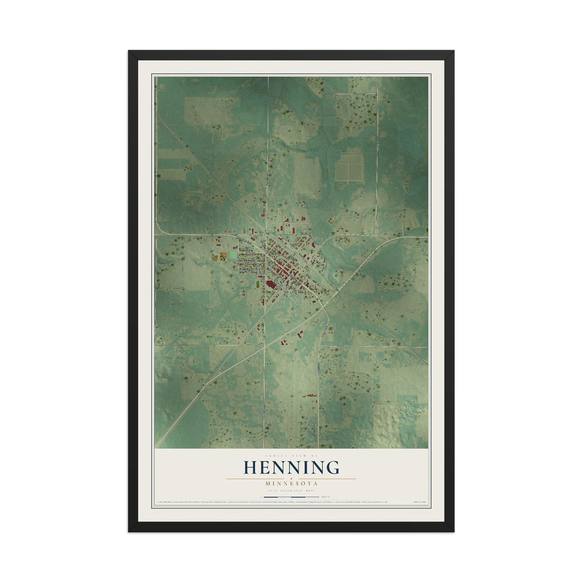 Map of Henning, Minnesota, 12 x 18 inch print in a black wood frame