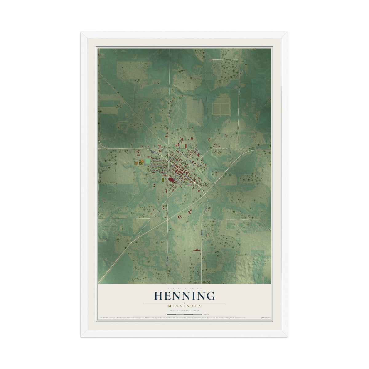 Map of Henning, Minnesota, 12 x 18 inch print in a white wood frame