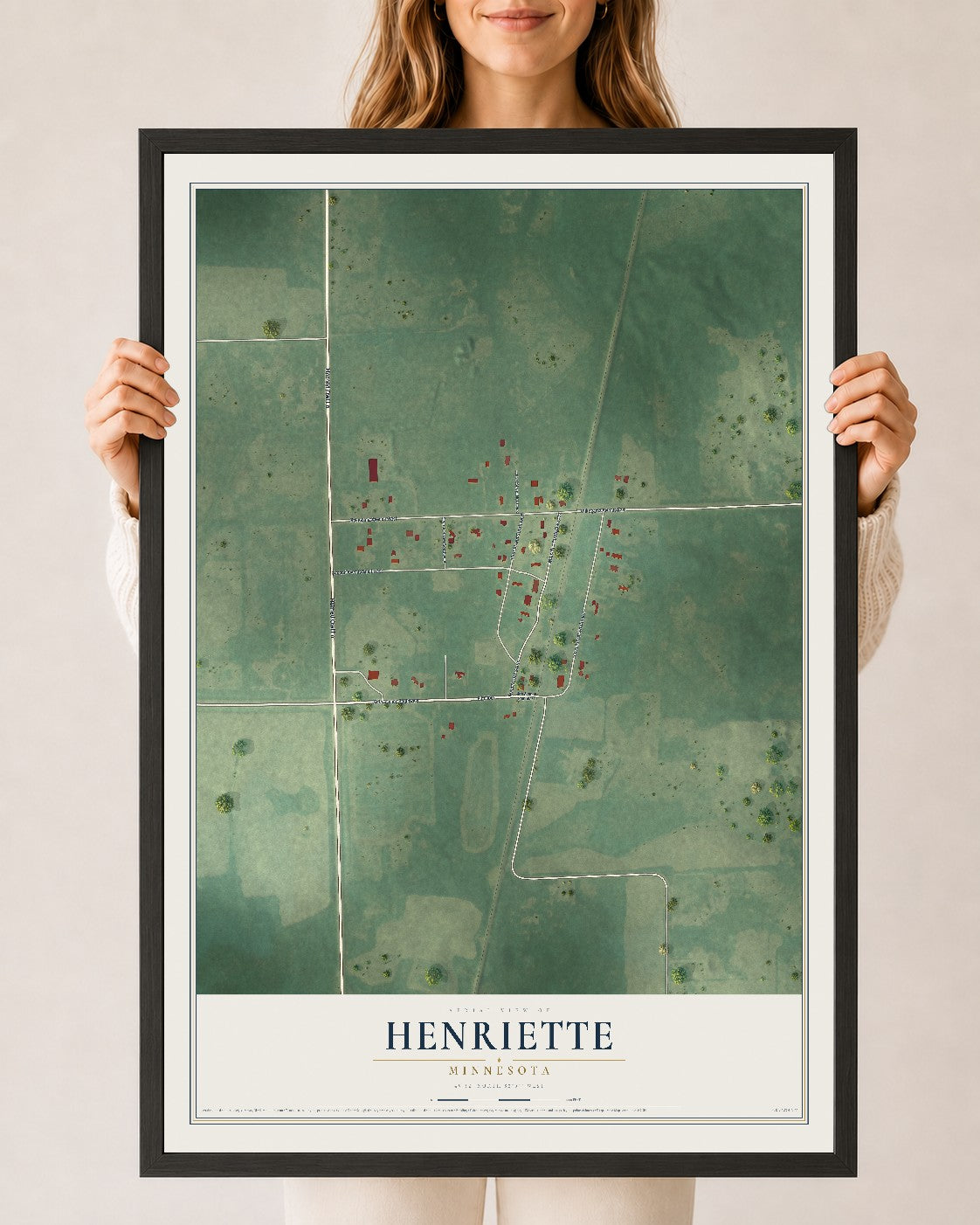 Map of Henriette, Minnesota, 24 x 36 inch print in a black wood frame