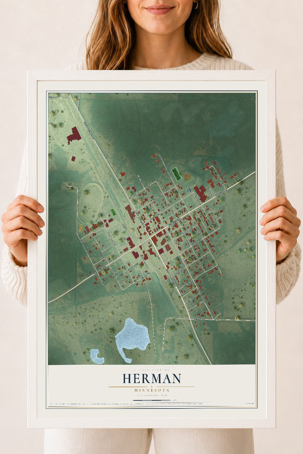 Map of Herman, Minnesota, 18 x 24 inch print in a white wood frame