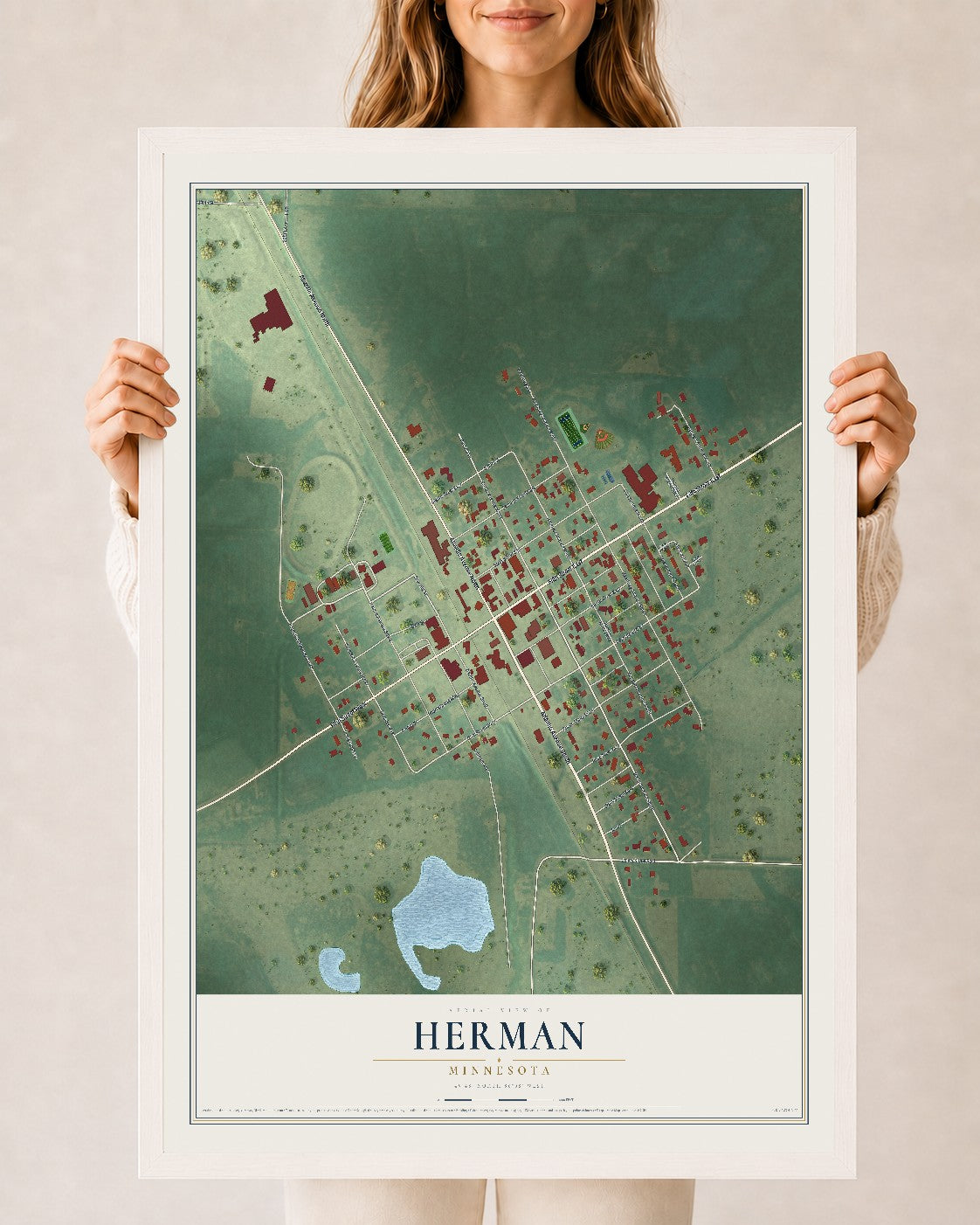 Map of Herman, Minnesota, 24 x 36 inch print in a white wood frame