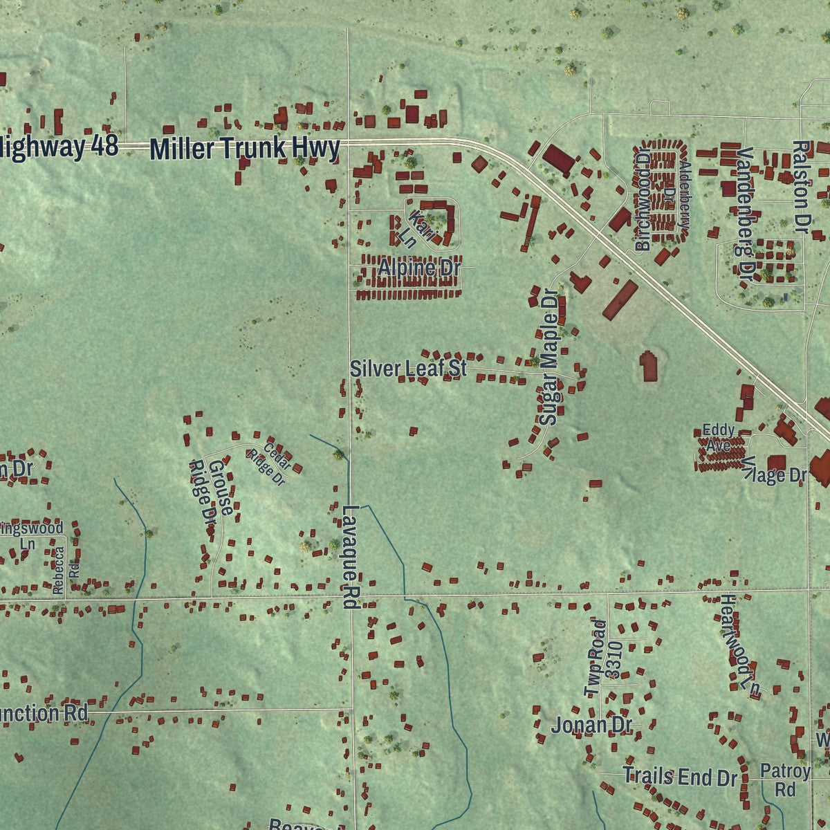 Close-up of the map of Hermantown, Minnesota print showing street and building detail