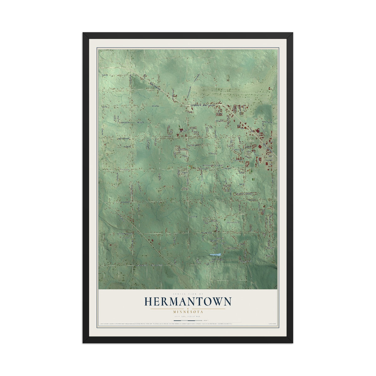 Map of Hermantown, Minnesota, 12 x 18 inch print in a black wood frame