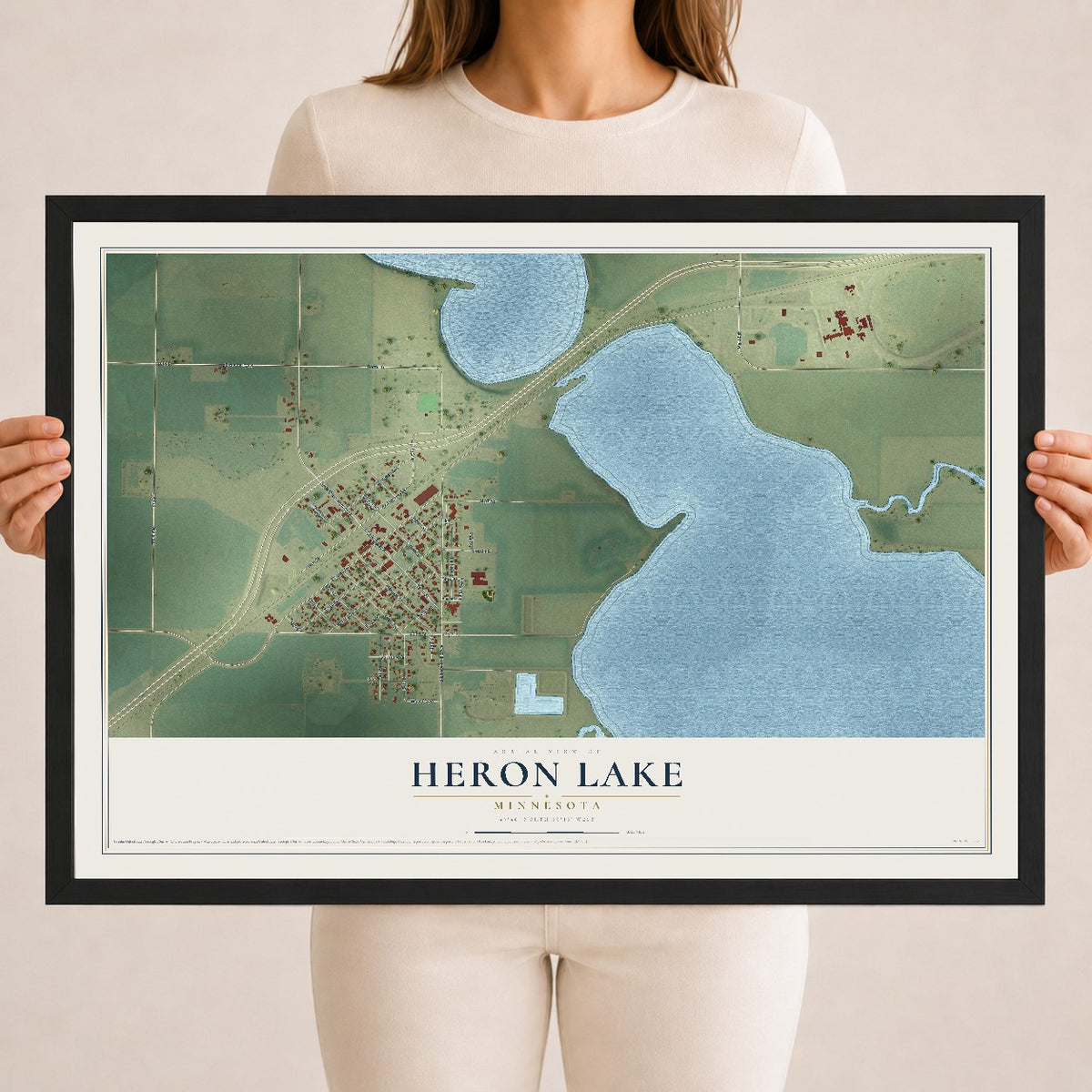 Map of Heron Lake, Minnesota, 18 x 24 inch print in a black wood frame