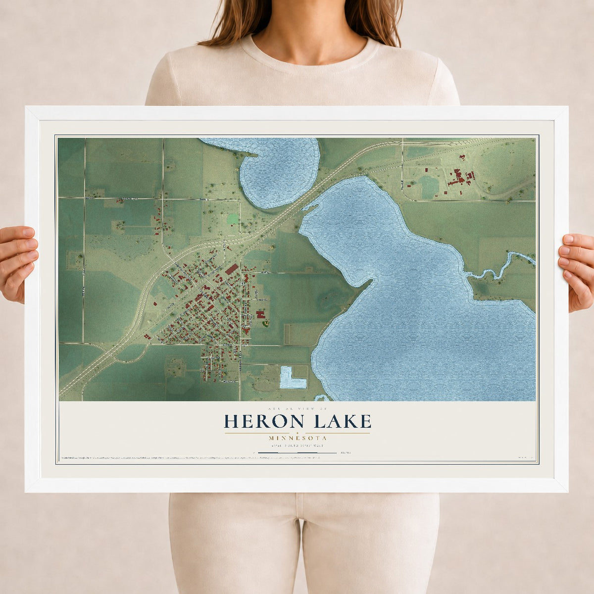 Map of Heron Lake, Minnesota, 18 x 24 inch print in a white wood frame