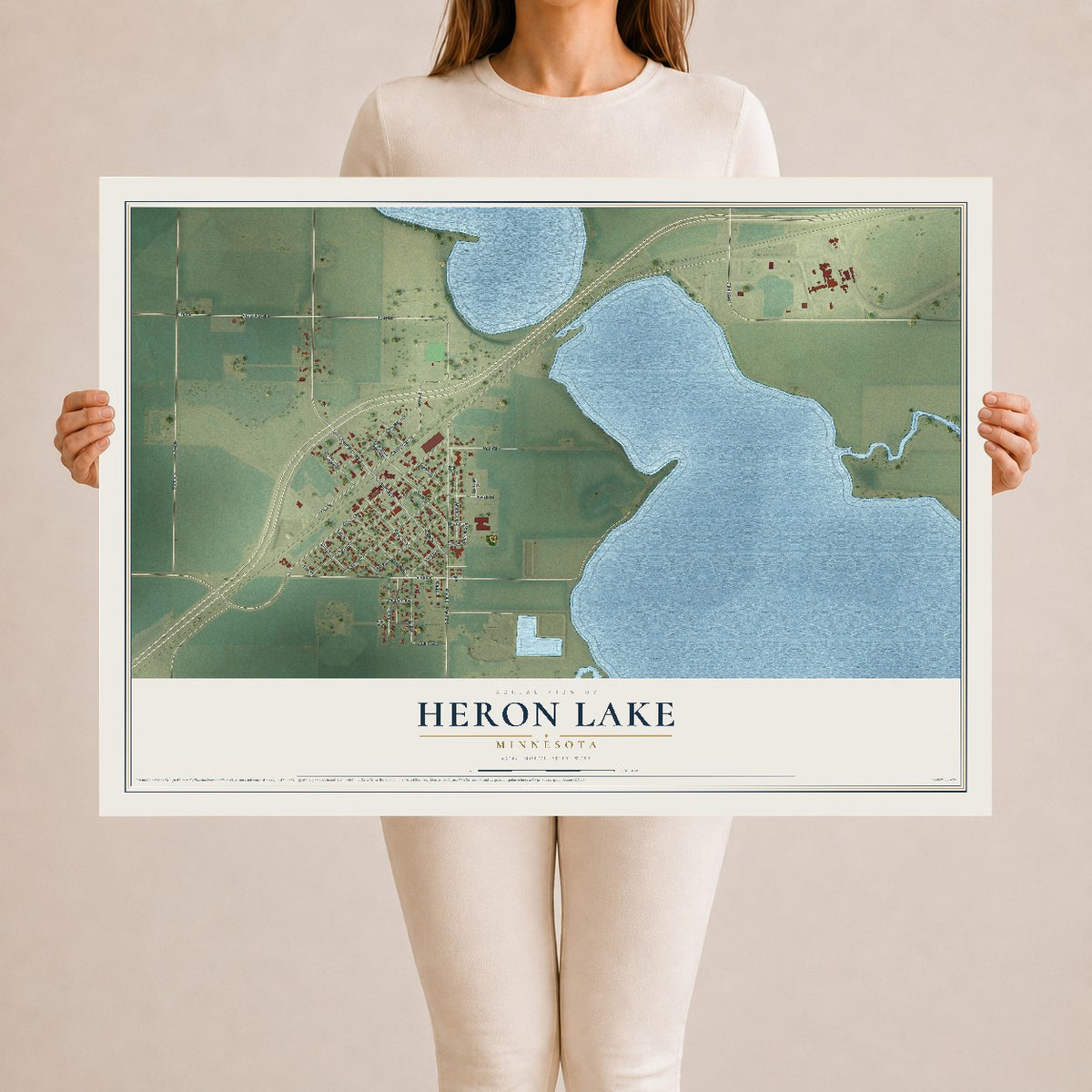 Map of Heron Lake, Minnesota, 24 x 36 inch unframed archival matte print