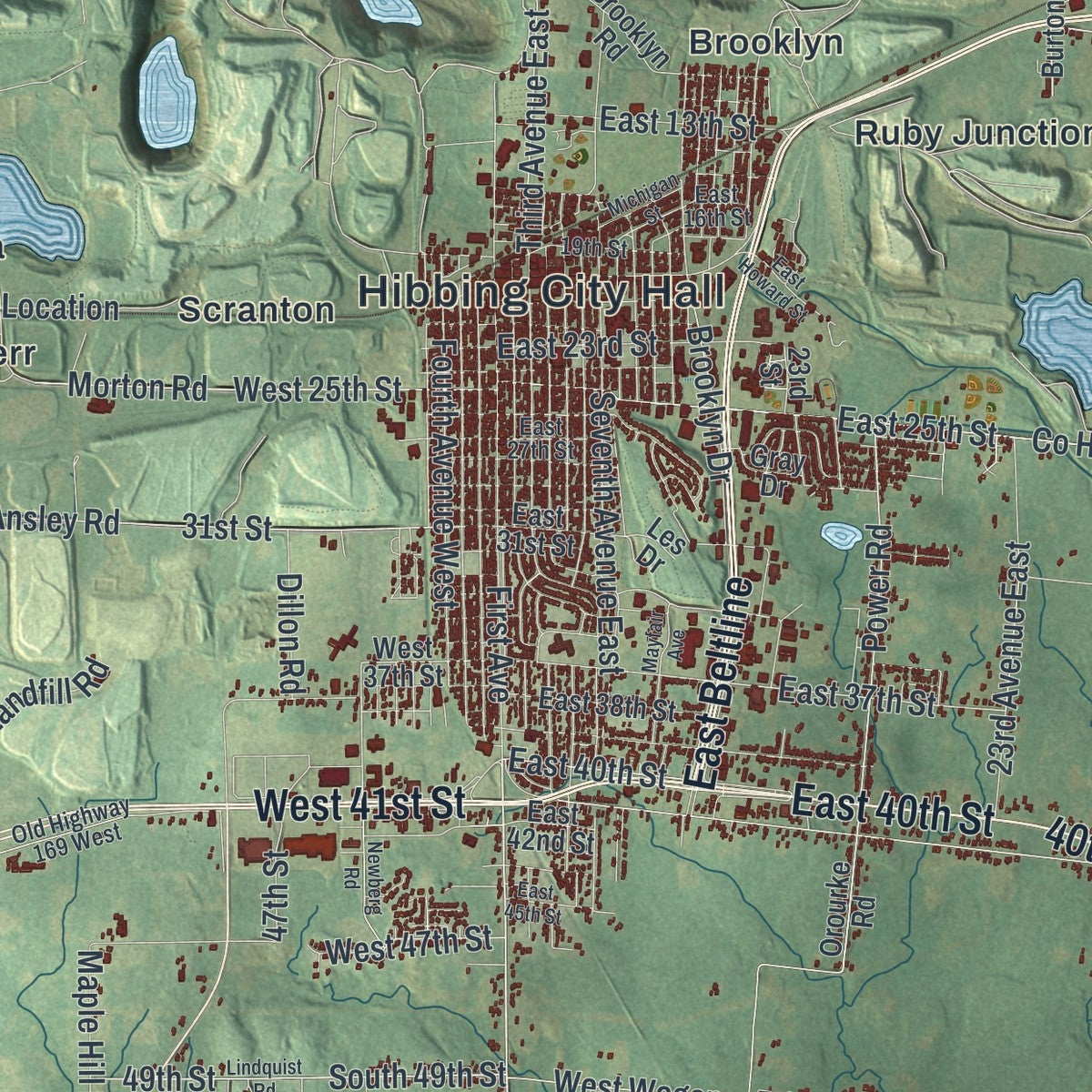 Close-up of the map of Hibbing, Minnesota print showing street and building detail