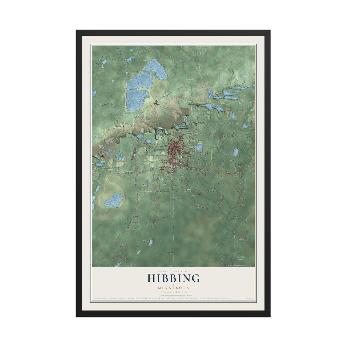 Map of Hibbing, Minnesota, 12 x 18 inch print in a black wood frame