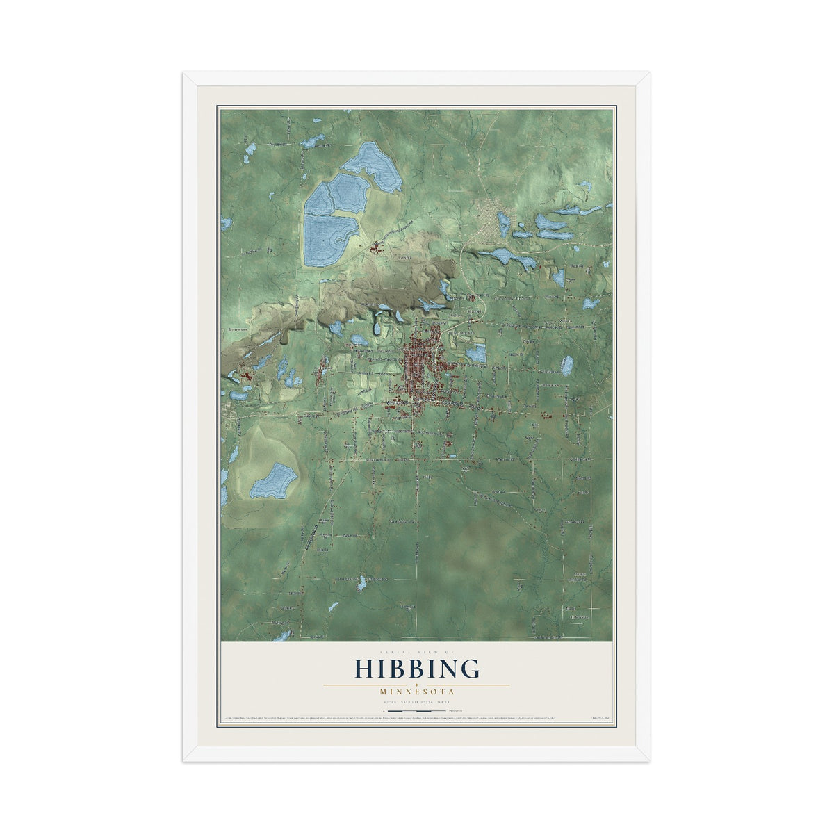 Map of Hibbing, Minnesota, 12 x 18 inch print in a white wood frame