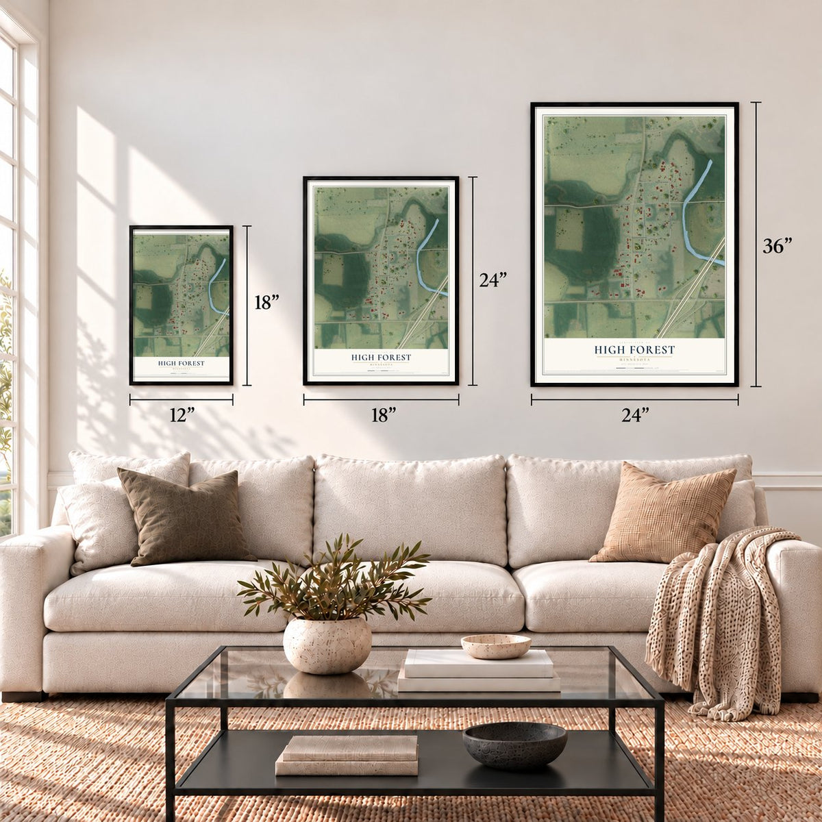 High Forest, Minnesota map in 12 x 18, 18 x 24 and 24 x 36 inch sizes above a sofa