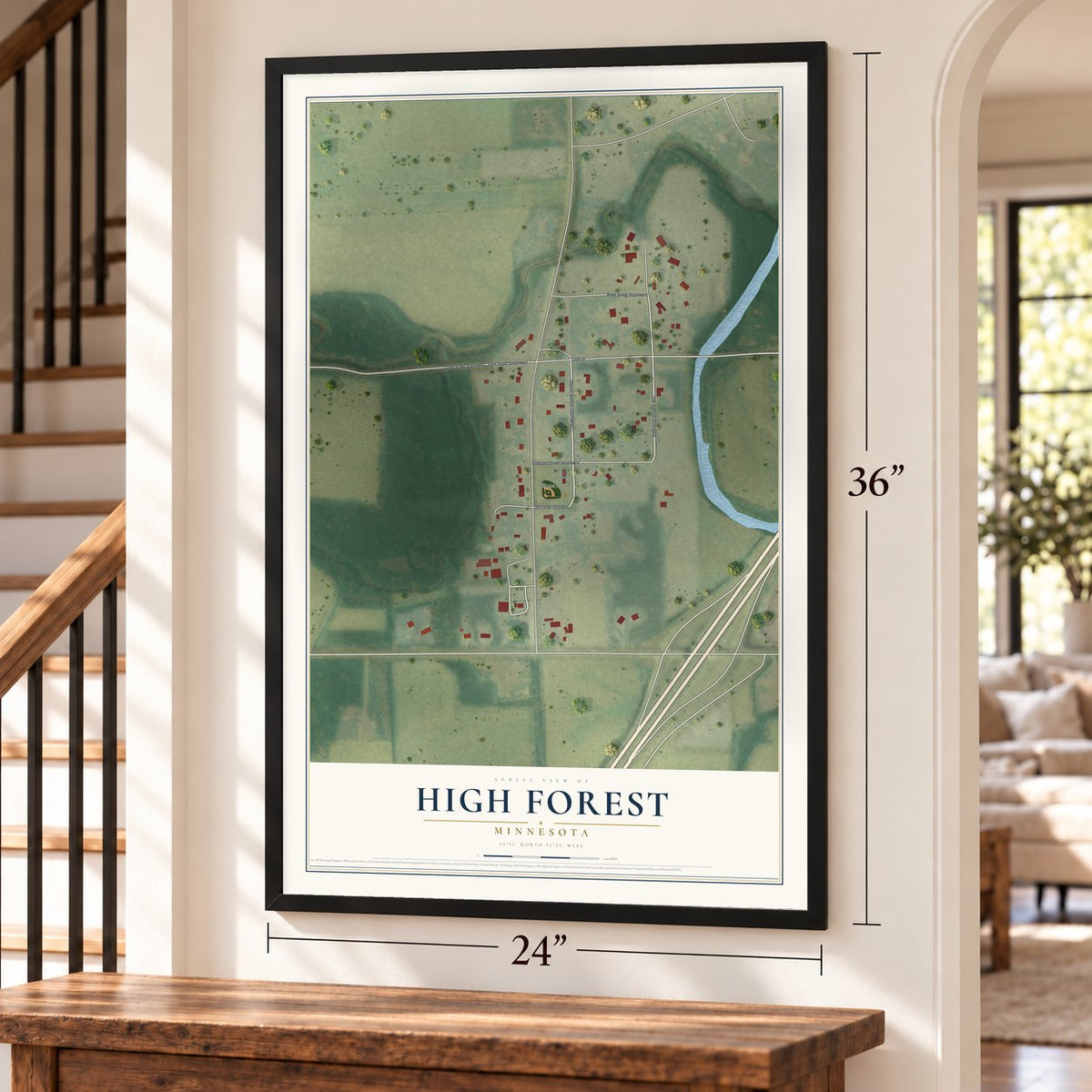 High Forest, Minnesota map, 24 x 36 inch print in a black frame by a staircase