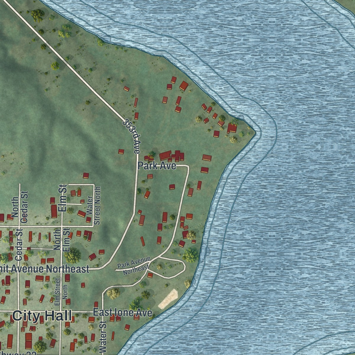 Second close-up of the map of Hill City, Minnesota print showing more streets and buildings