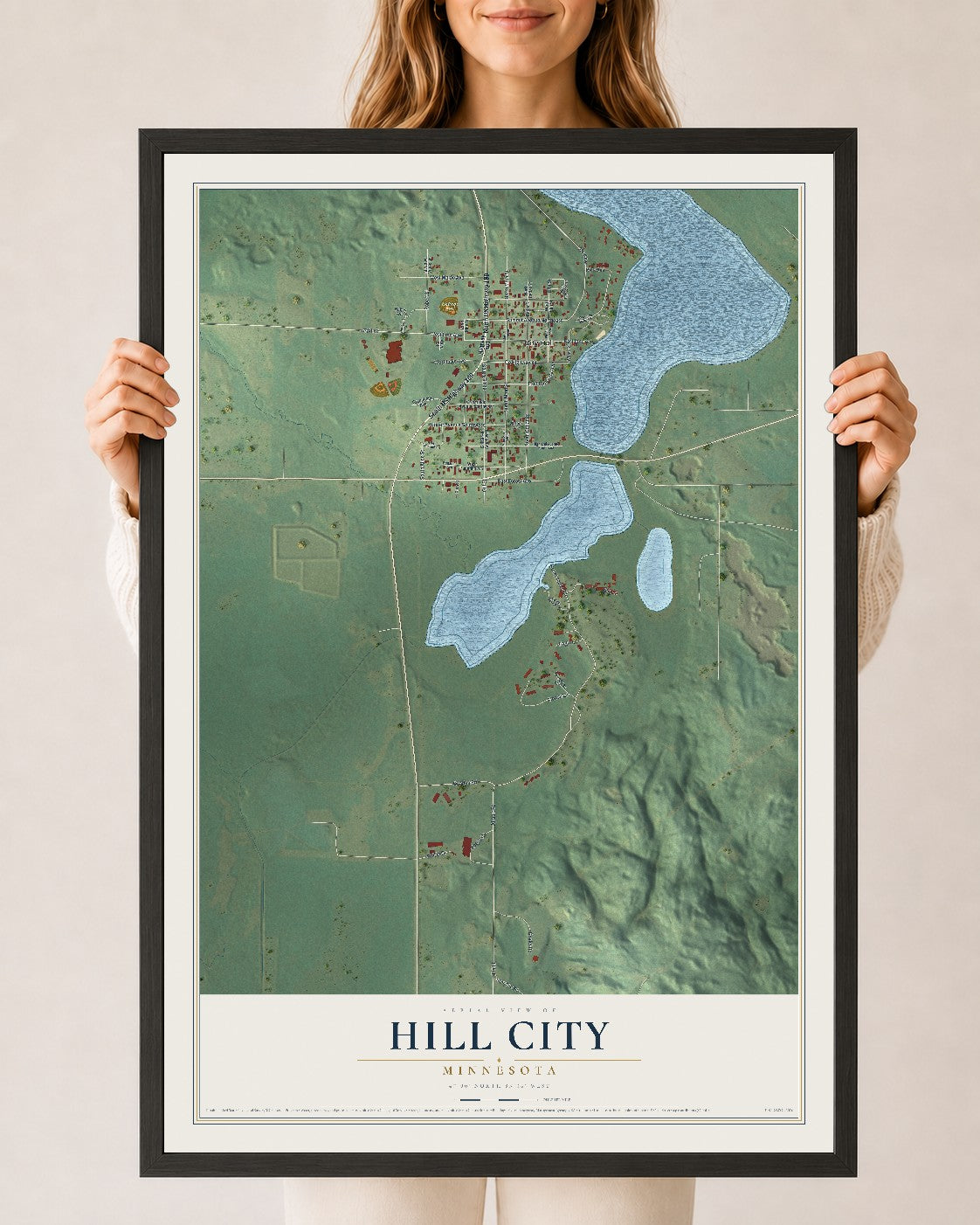 Map of Hill City, Minnesota, 24 x 36 inch print in a black wood frame