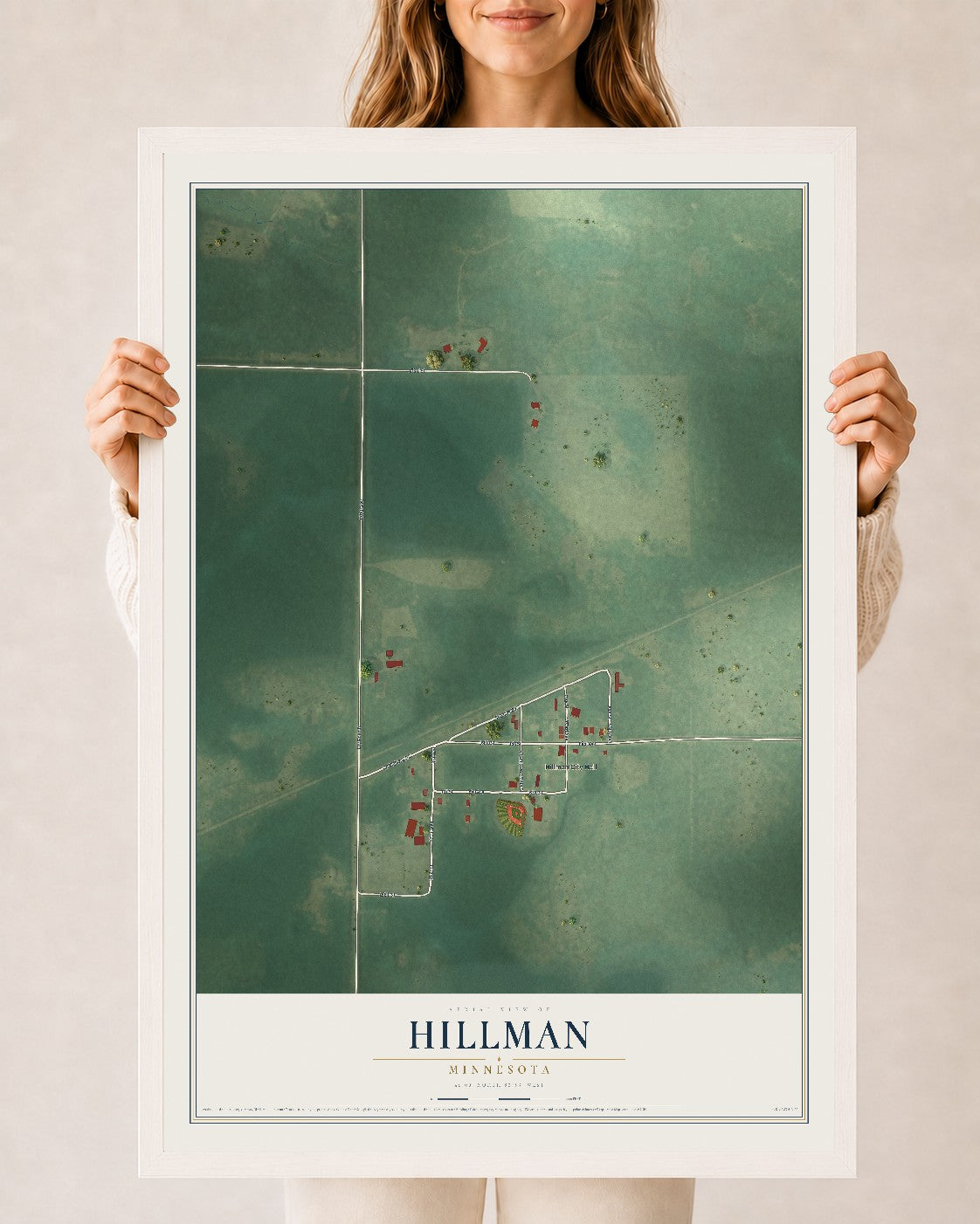 Map of Hillman, Minnesota, 24 x 36 inch print in a white wood frame