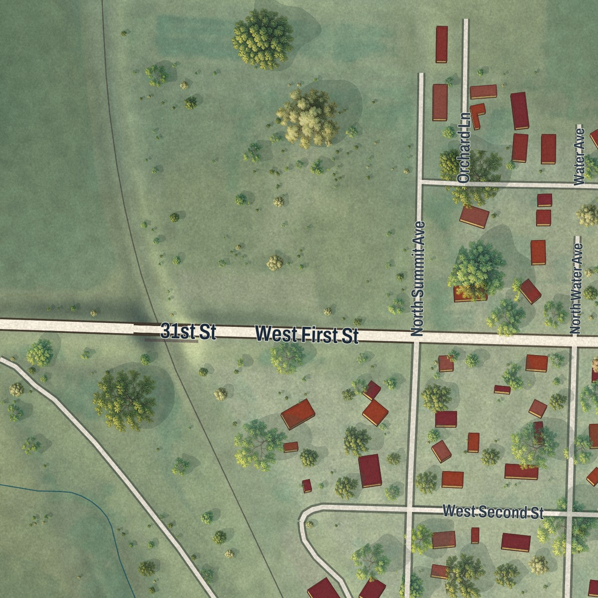 Second close-up of the map of Hills, Minnesota print showing more streets and buildings