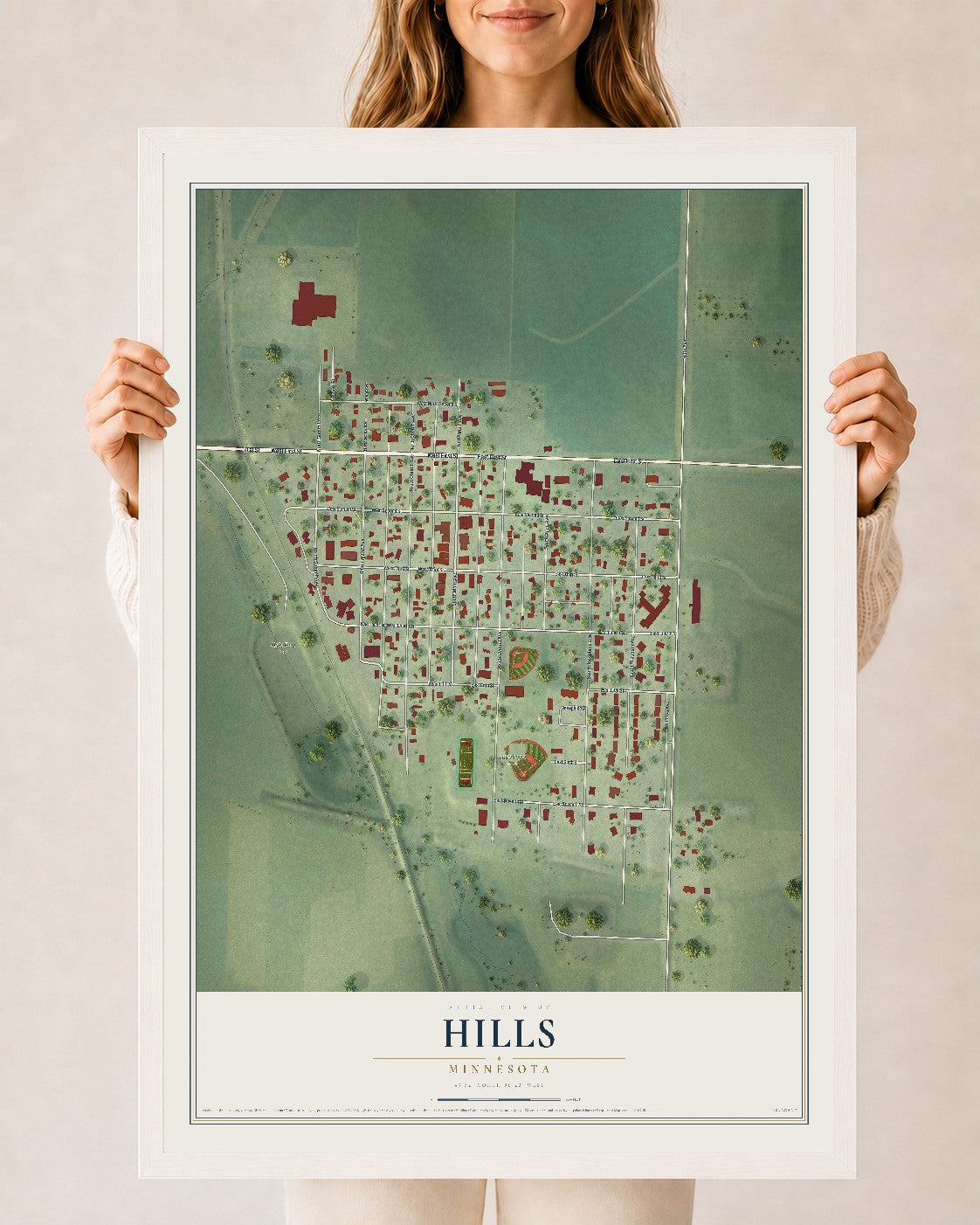 Map of Hills, Minnesota, 24 x 36 inch print in a white wood frame