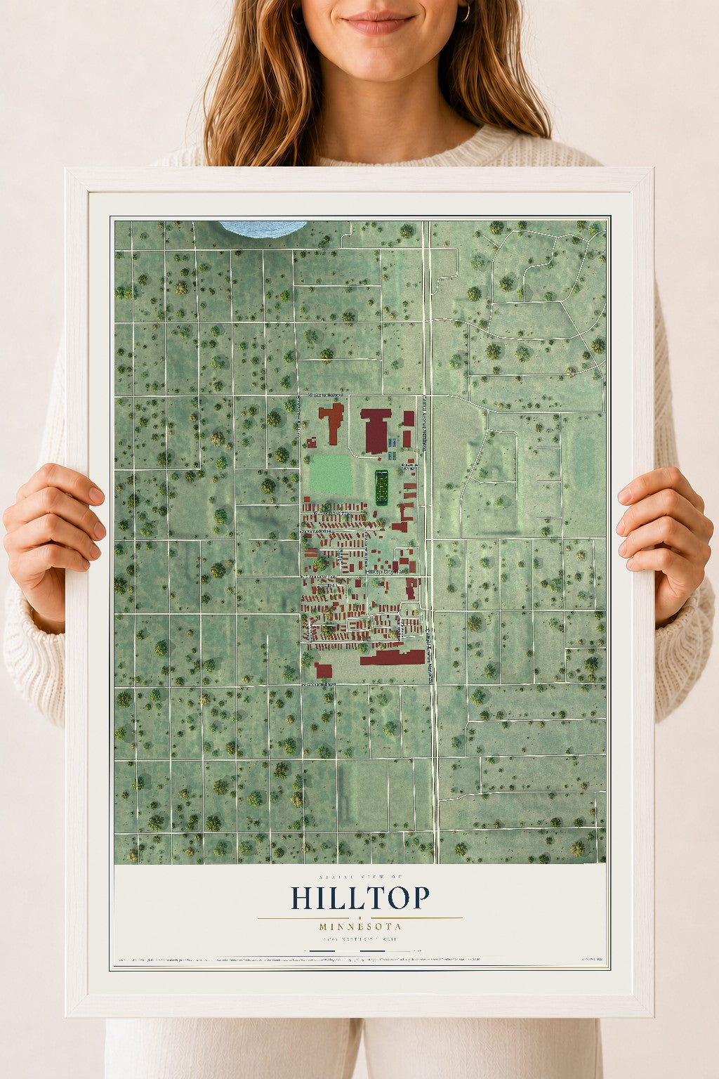 Map of Hilltop, Minnesota, 18 x 24 inch print in a white wood frame