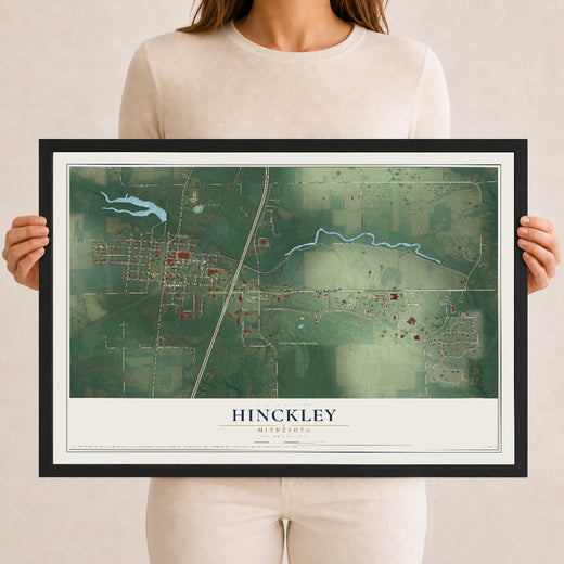 Map of Hinckley, Minnesota, 12 x 18 inch print in a black wood frame