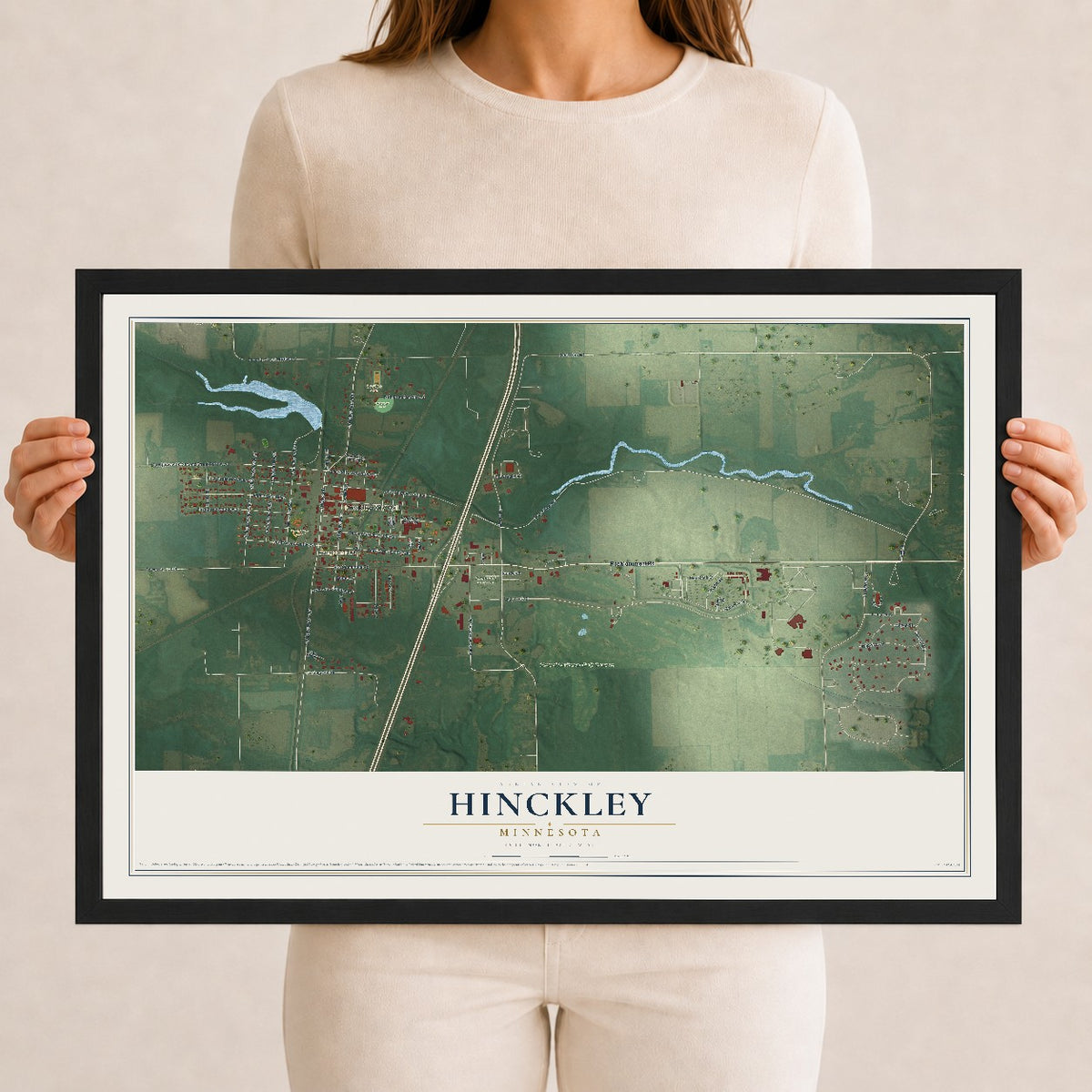 Map of Hinckley, Minnesota, 12 x 18 inch print in a black wood frame