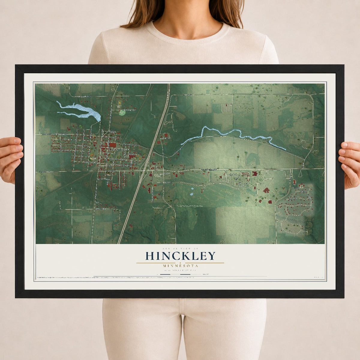 Map of Hinckley, Minnesota, 18 x 24 inch print in a black wood frame