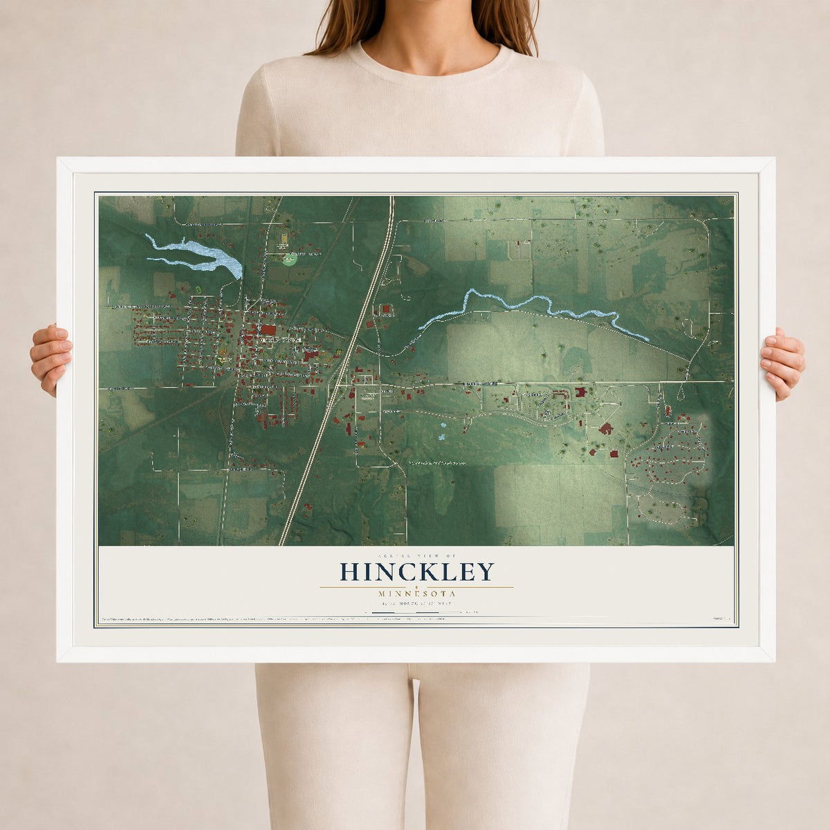 Map of Hinckley, Minnesota, 24 x 36 inch print in a white wood frame