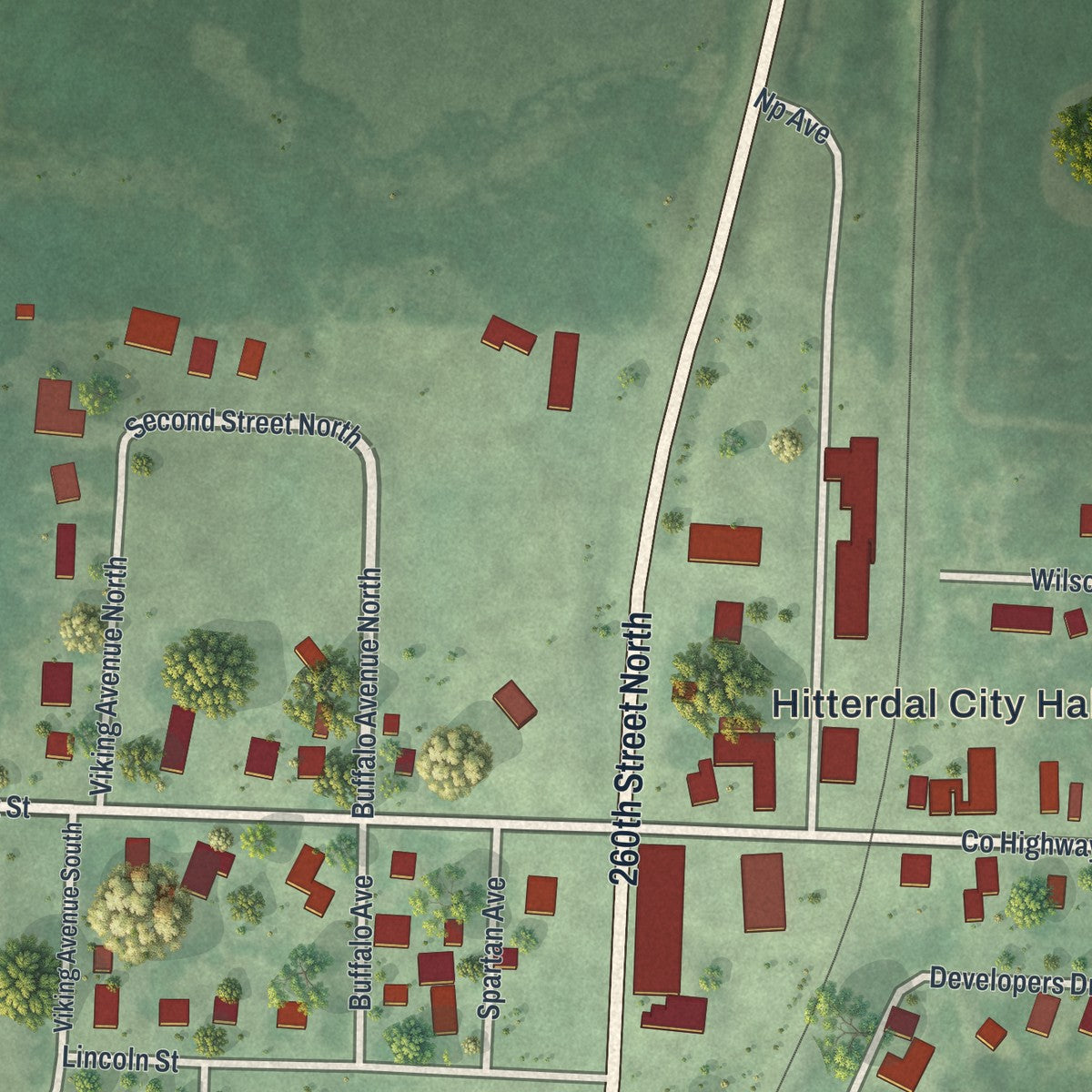 Close-up of the map of Hitterdal, Minnesota print showing street and building detail