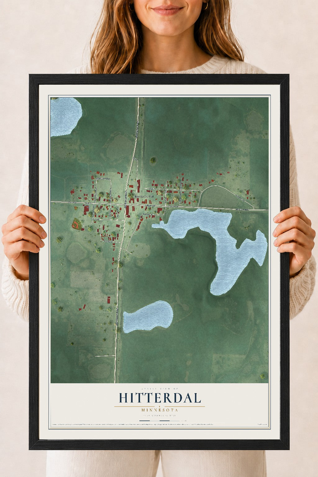 Map of Hitterdal, Minnesota, 18 x 24 inch print in a black wood frame
