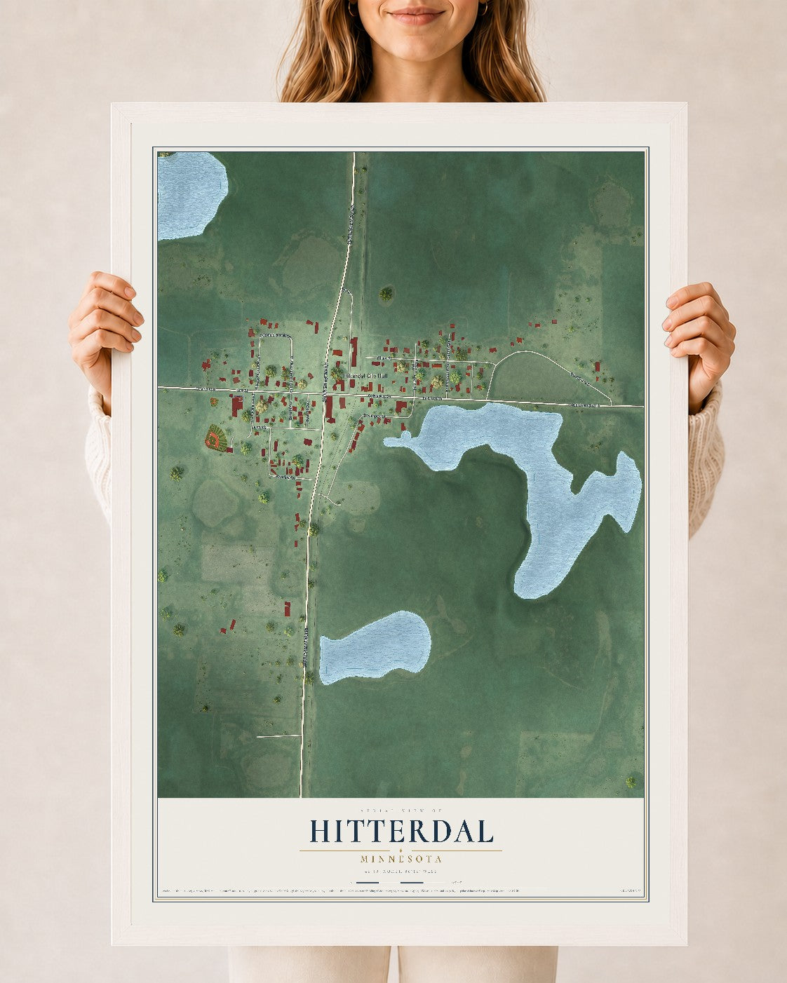Map of Hitterdal, Minnesota, 24 x 36 inch print in a white wood frame