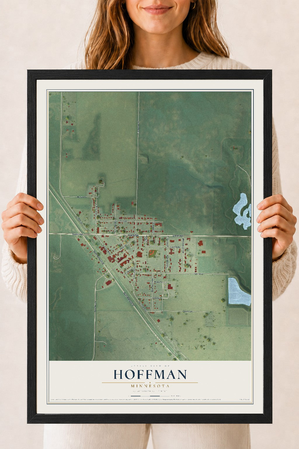 Map of Hoffman, Minnesota, 18 x 24 inch print in a black wood frame