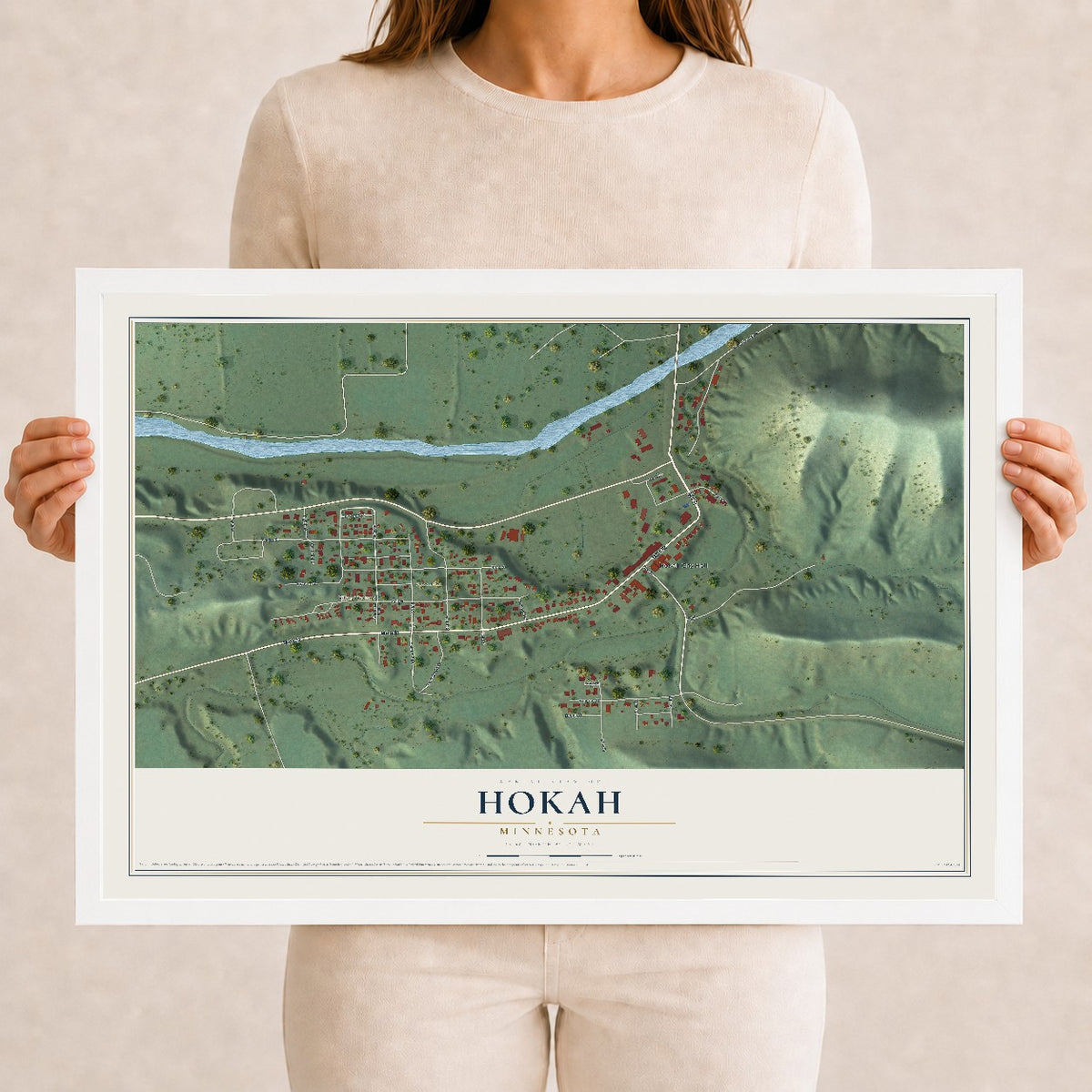 Map of Hokah, Minnesota, 12 x 18 inch print in a white wood frame