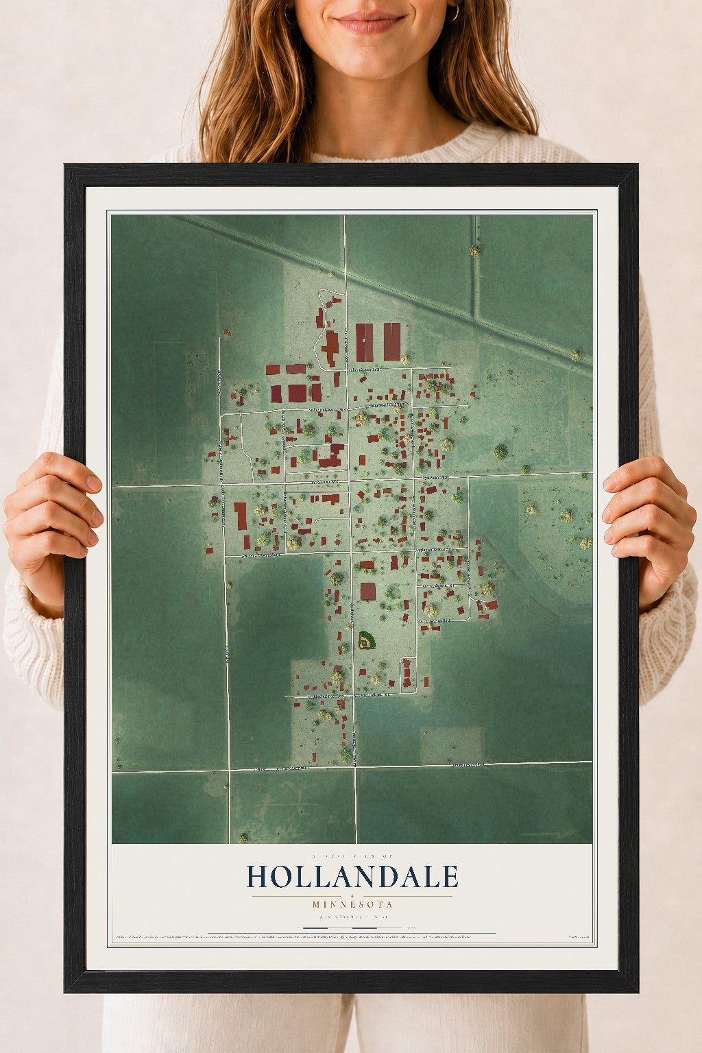 Map of Hollandale, Minnesota, 18 x 24 inch print in a black wood frame