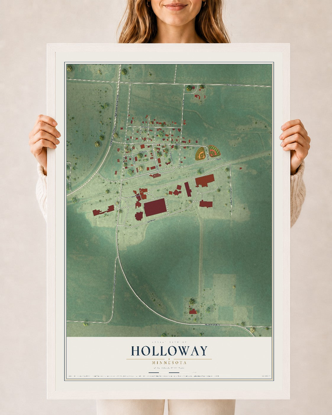 Map of Holloway, Minnesota, 24 x 36 inch print in a white wood frame