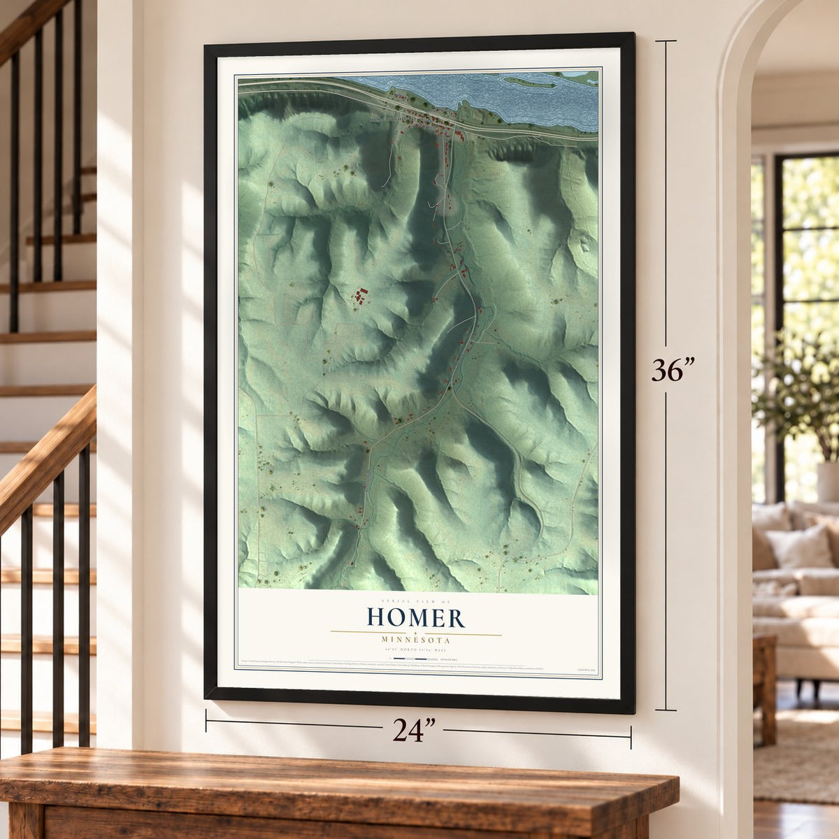 Homer, Minnesota map, 24 x 36 inch print in a black frame by a staircase
