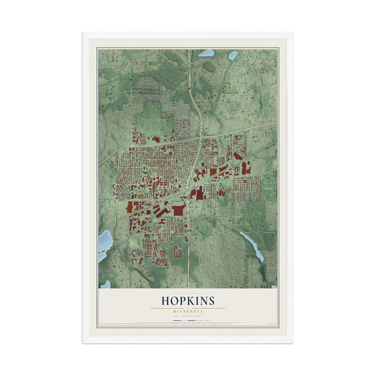 Map of Hopkins, Minnesota, 12 x 18 inch print in a white wood frame