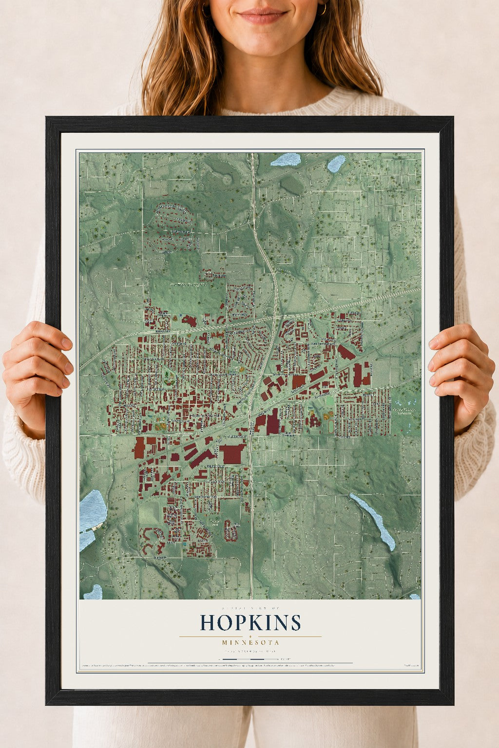 Map of Hopkins, Minnesota, 18 x 24 inch print in a black wood frame