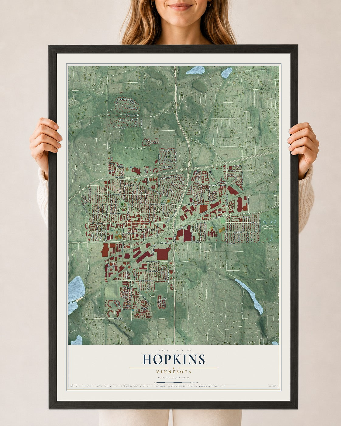 Map of Hopkins, Minnesota, 24 x 36 inch print in a black wood frame