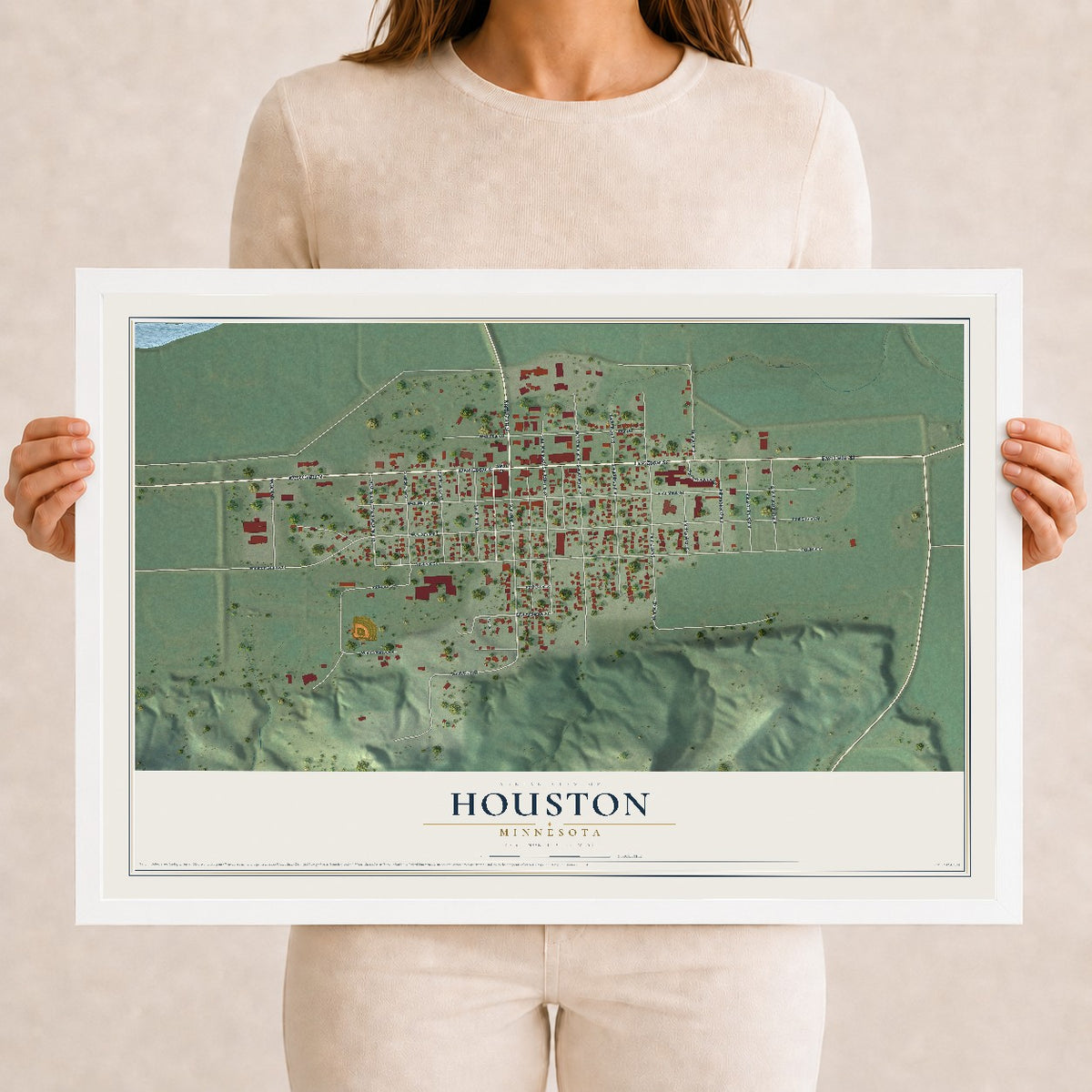 Map of Houston, Minnesota, 12 x 18 inch print in a white wood frame