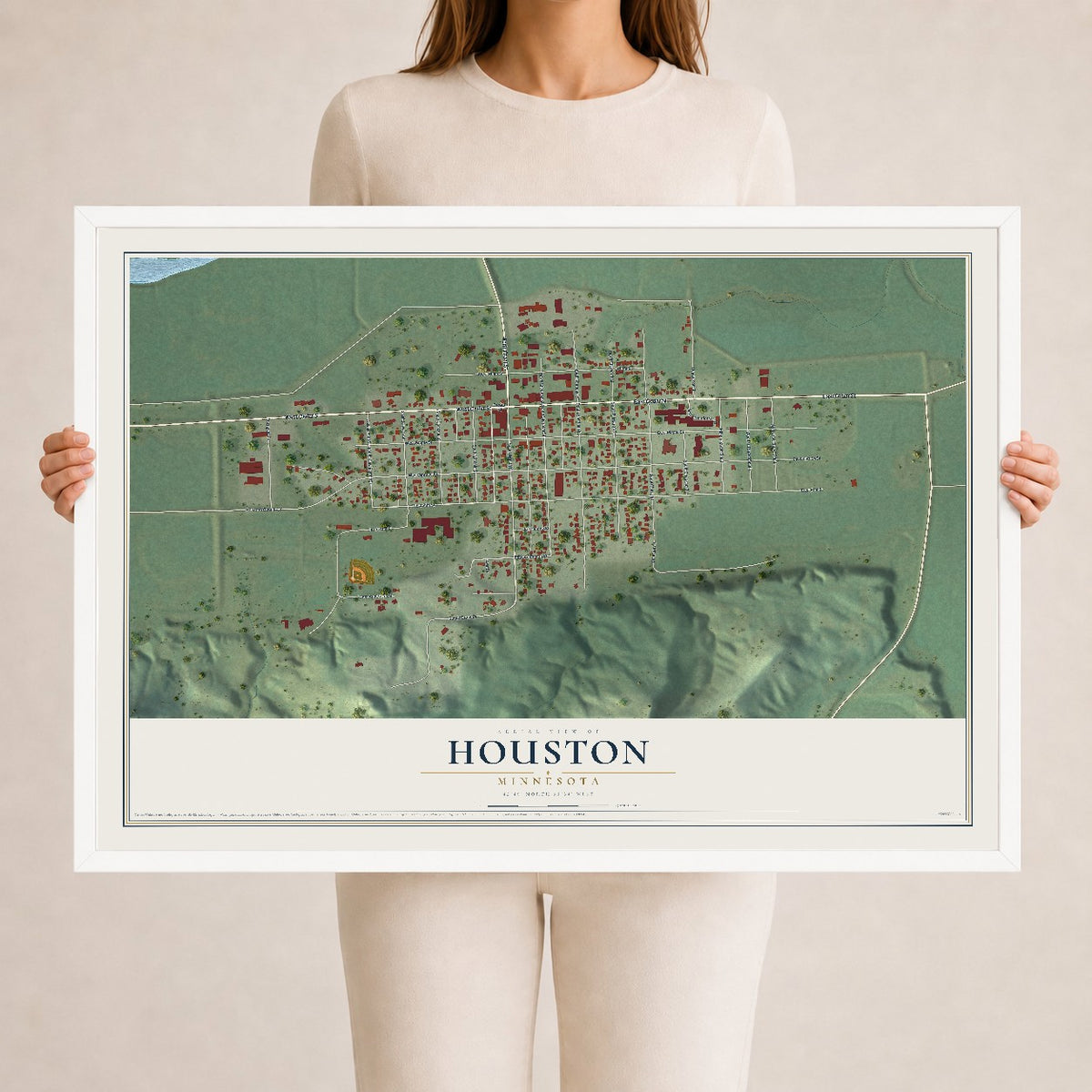 Map of Houston, Minnesota, 24 x 36 inch print in a white wood frame