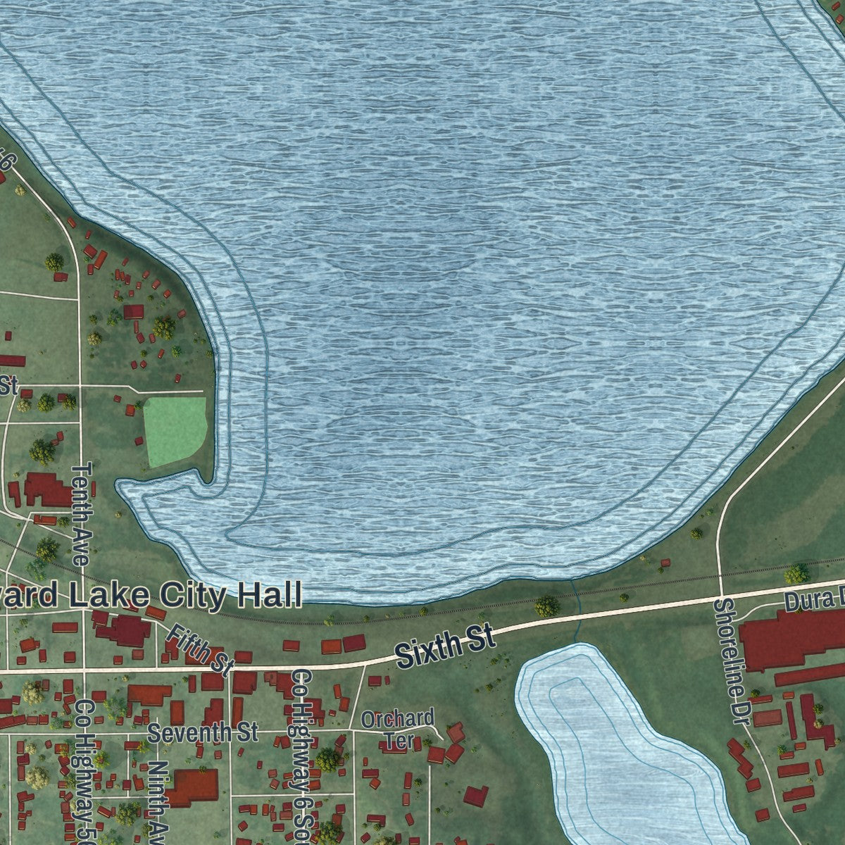Close-up of the map of Howard Lake, Minnesota print showing street and building detail