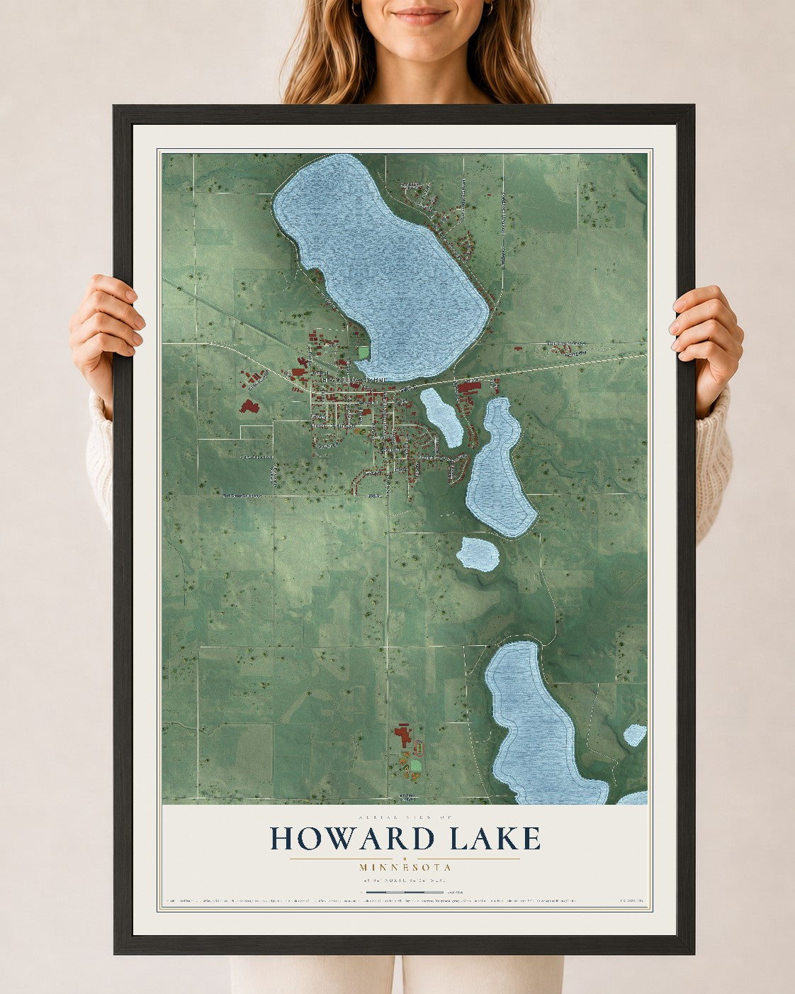 Map of Howard Lake, Minnesota, 24 x 36 inch print in a black wood frame