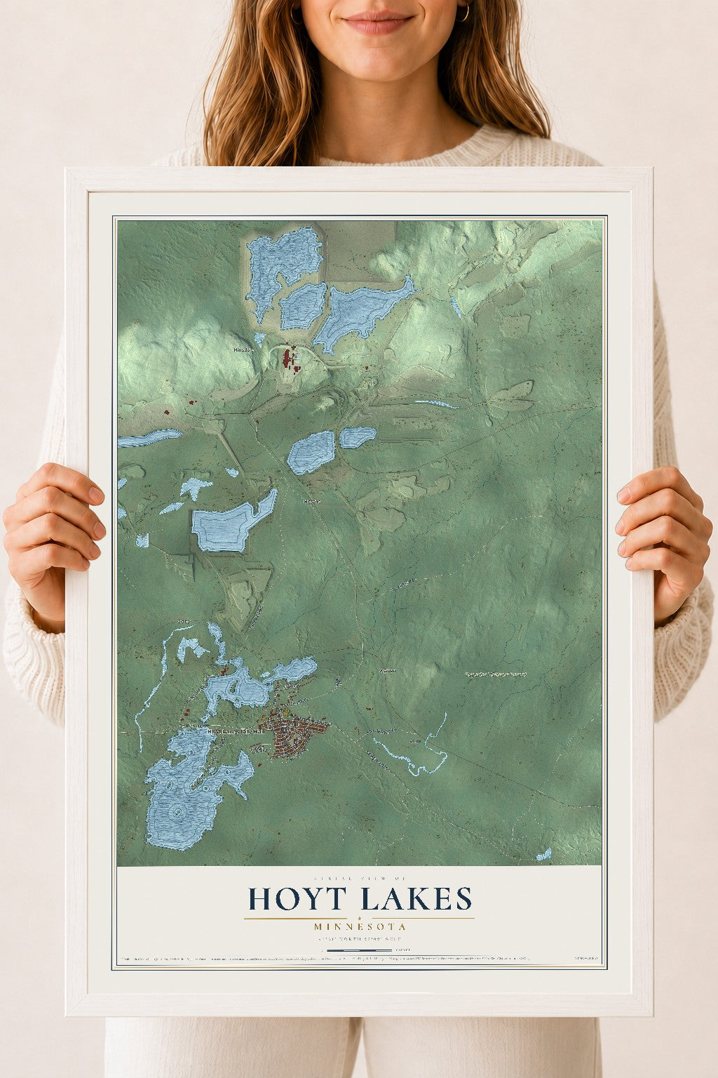 Map of Hoyt Lakes, Minnesota, 18 x 24 inch print in a white wood frame